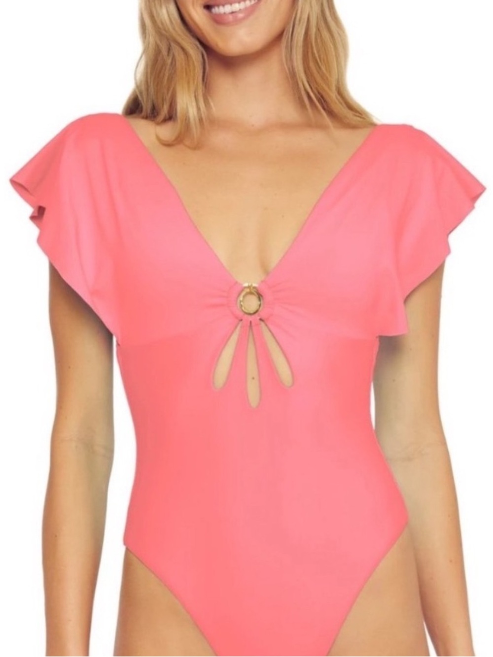 Trina Turk Monaco Solid
Flutter Maillot Geranium Pink Swimsuit